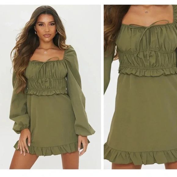 PrettyLittleThing Olive ruffle ruched mini dress - Picture 1 of 11